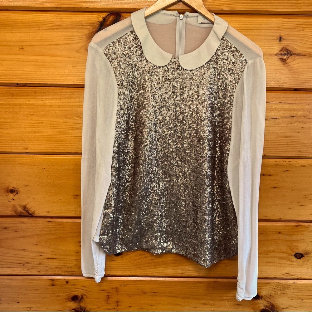 WRAP Elegant Golden Metallic Sequin Women's Longsleeve Top Collared Blouse S